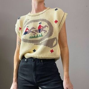 Vintage Hand Knit Equestrian Yellow Cropped Sleeveless Sweater size on tag: PM